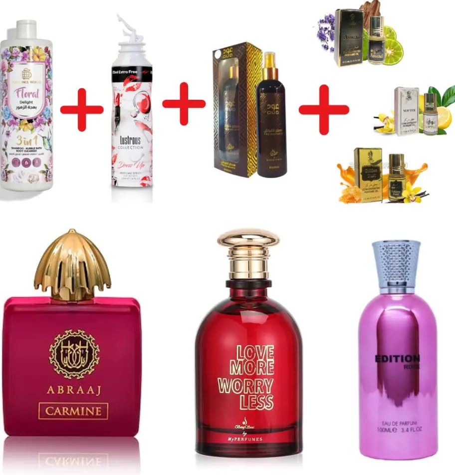 Fragrance World Abraaj Carmine + Fragrance World Edition Rose + Otoori Oud + My Perfumes Lustrous Collection Dress Up Women + Fragrance World Floral Delight + My Perfumes Love More Worry Less + 3 uleiuri de parfum mini