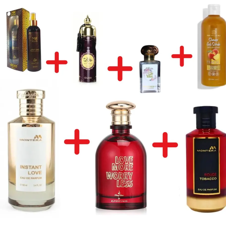 Fragrance World Montera Rouge Tobacco + Fragrance World Montera Instant Love + My Perfumes Love More Worry Less + Otoori Jameela + My Perfumes Soul Mate Intense + Otoori Oud + Fragrance World Shower Gel Scrub Peach
